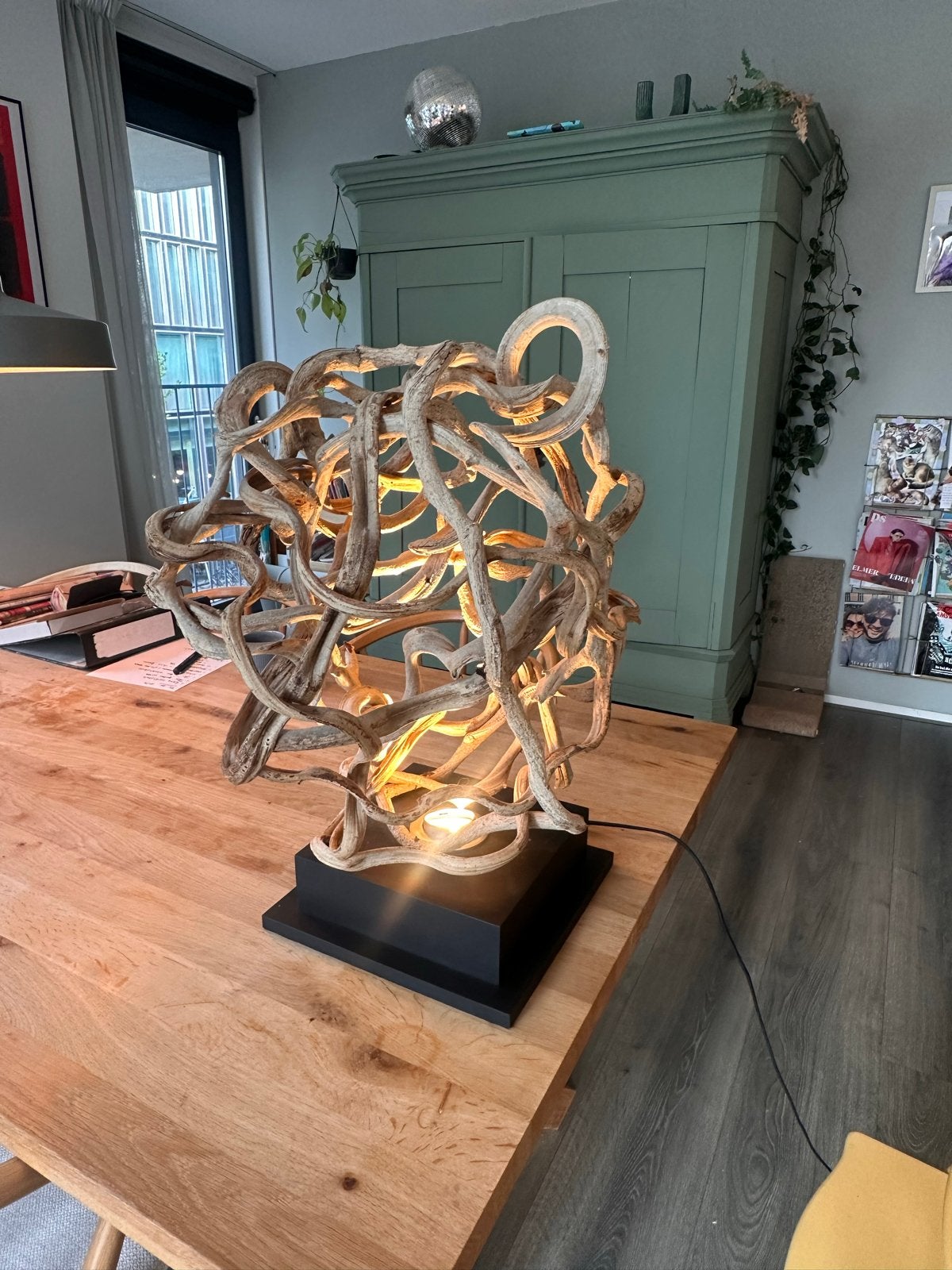 Unieke Tafellamp van Drijfhout - Sfeervolle Verlichting, Met schakelaar, Overige merken, Vintage, GU10