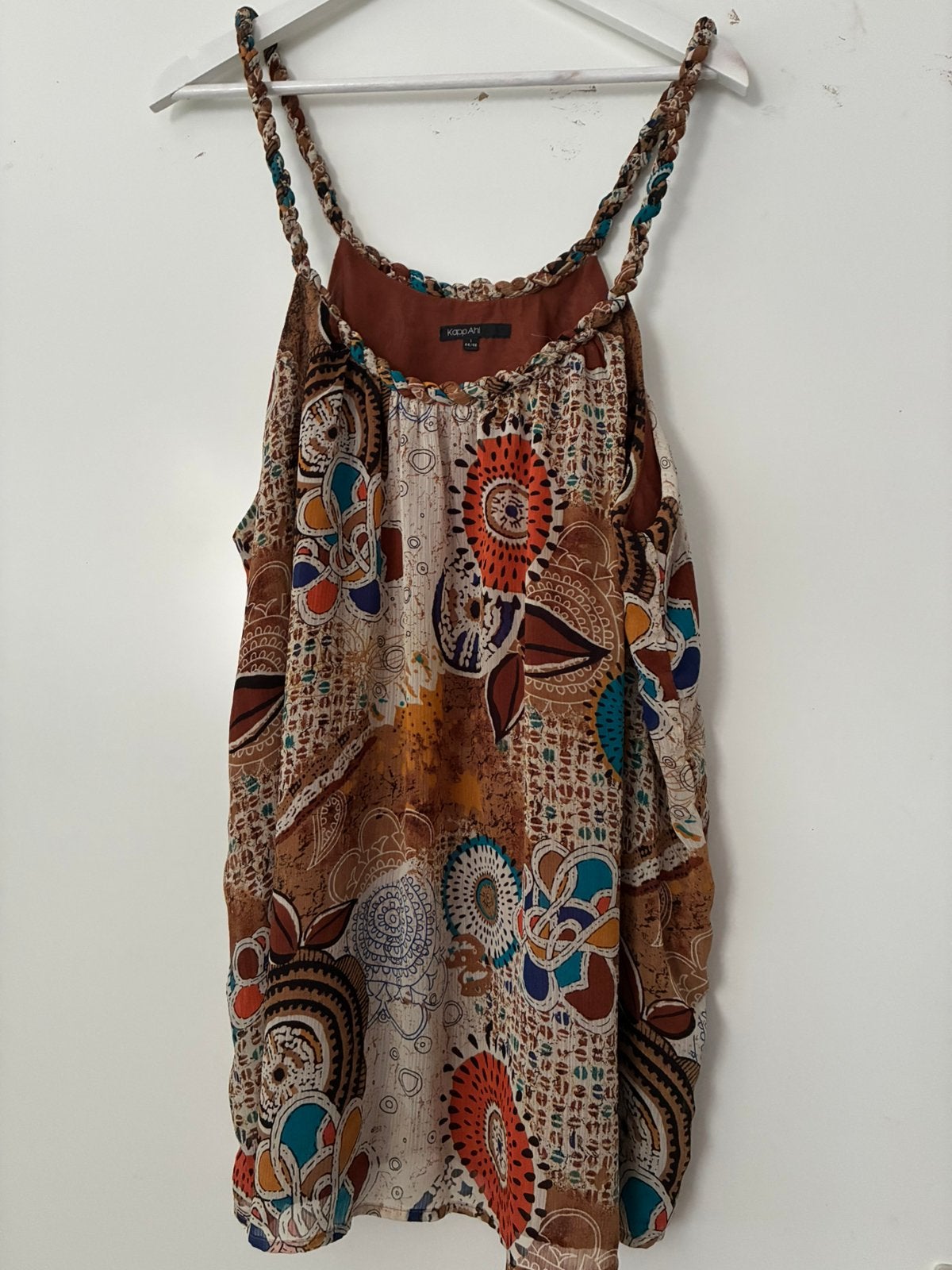 Zomer tuniek top print ecru bruin turquoise aparte bandjes, Ophalen of Verzenden, Zo goed als nieuw, Maat 42/44 (L), Bruin