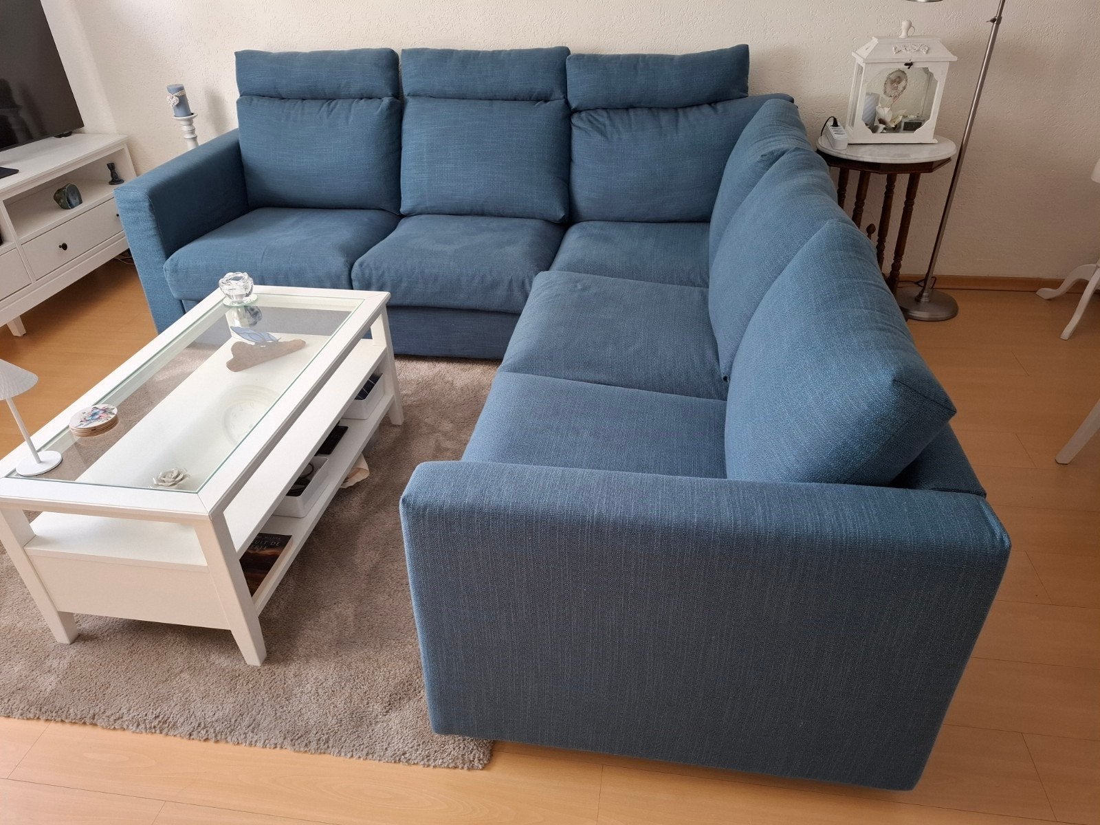 Hoekbank. Blauw, Huis en Inrichting, Ophalen, Hoekbank, Zo goed als nieuw, Stof