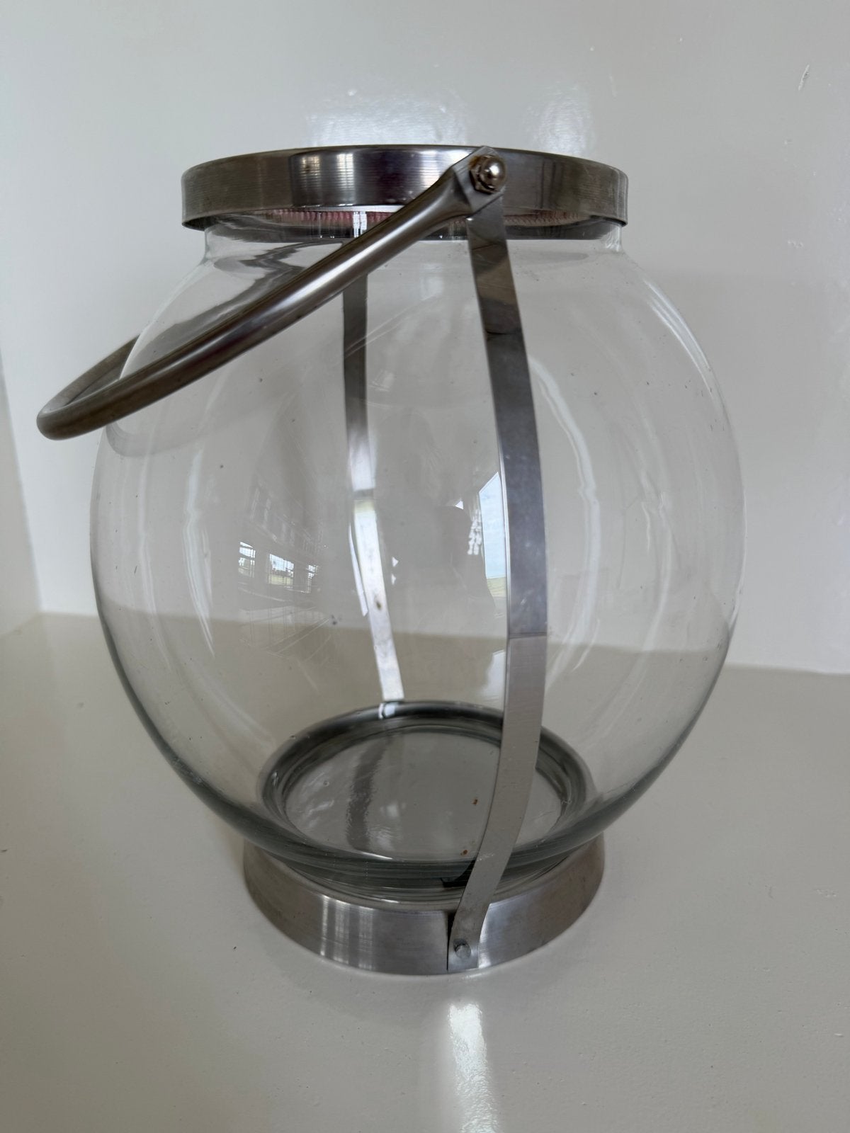 Glazen windlicht met metalen houder - H25 D20, Windlicht, Gebruikt, Ophalen of Verzenden, Glas