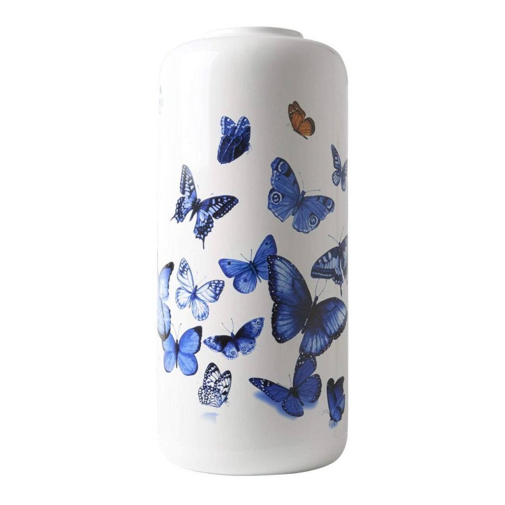 Heinen Delfts Blauw Cilinder vaas Vlinders 31 cm, 31 cm, Met patroon/structuur, Wit, Nieuw