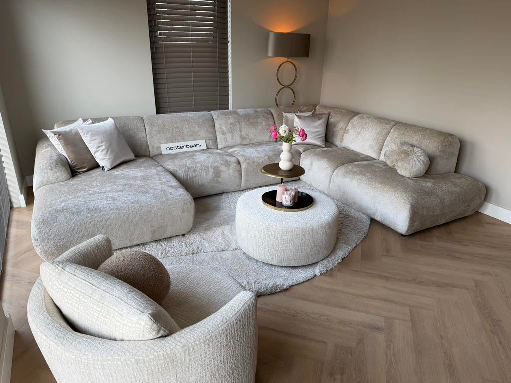 ACTIE - Luxe Velvet Teddy U-bank Calvani 170x370x250cm Beige, Info@oosterbaanwonen.nl, Venus 31 8448CE Heerenveen, Hoekbank, Oosterbaan Wonen