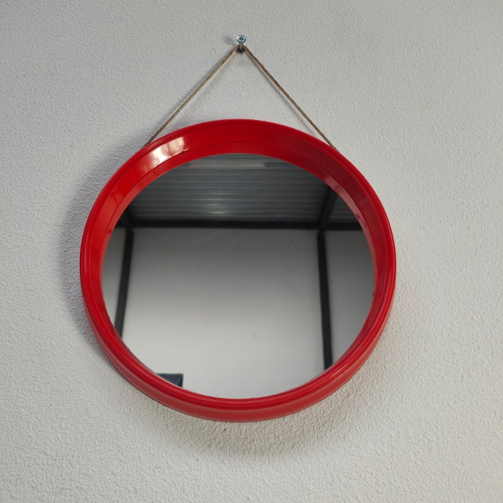 Vintage Mid Century spiegel, ronde kunststof wandspiegel, Flashback Furniture Vintage & Antique, Info@flashbackfurniture.nl, Rond