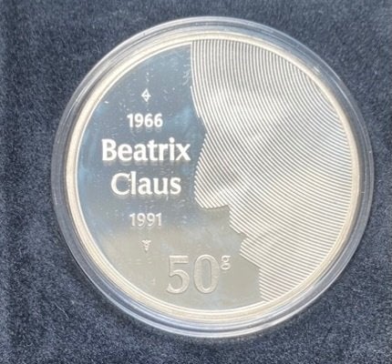 50 Gulden munt 1991 -Zilveren Huwelijk Beatrix en Claus- pro, Koningin Beatrix, Ophalen of Verzenden, Losse munt, Geboorte of Huwelijk