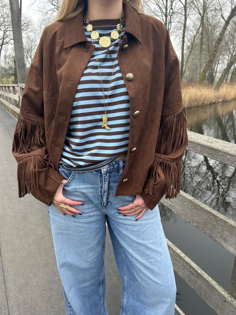 Bruine suède look jas met franjes | western / boho style, Kleding | Dames, Jassen | Zomer, Gedragen, Maat 36 (S), Bruin, Ophalen of Verzenden