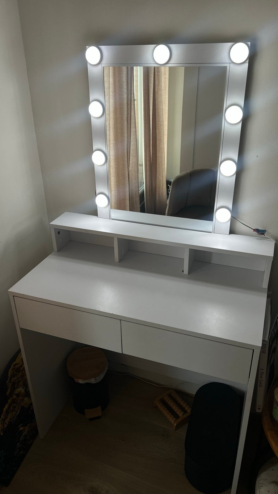 Witte Kaptafel met Hollywood Spiegel en LED-verlichting, Ophalen, 100 tot 150 cm, 50 tot 100 cm, Zo goed als nieuw