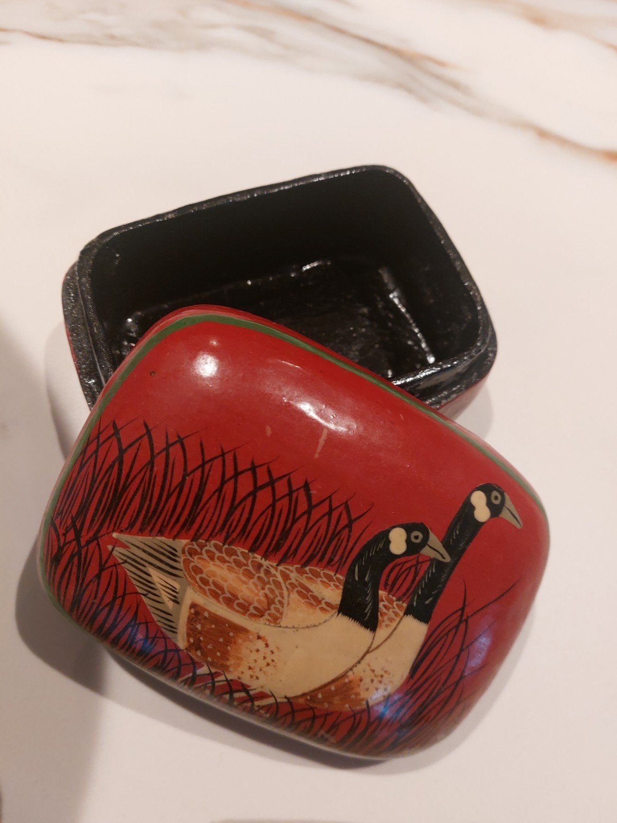 Vintage Russische lakdoos met eenden - 12x9.5x6.5 cm, Ophalen of Verzenden
