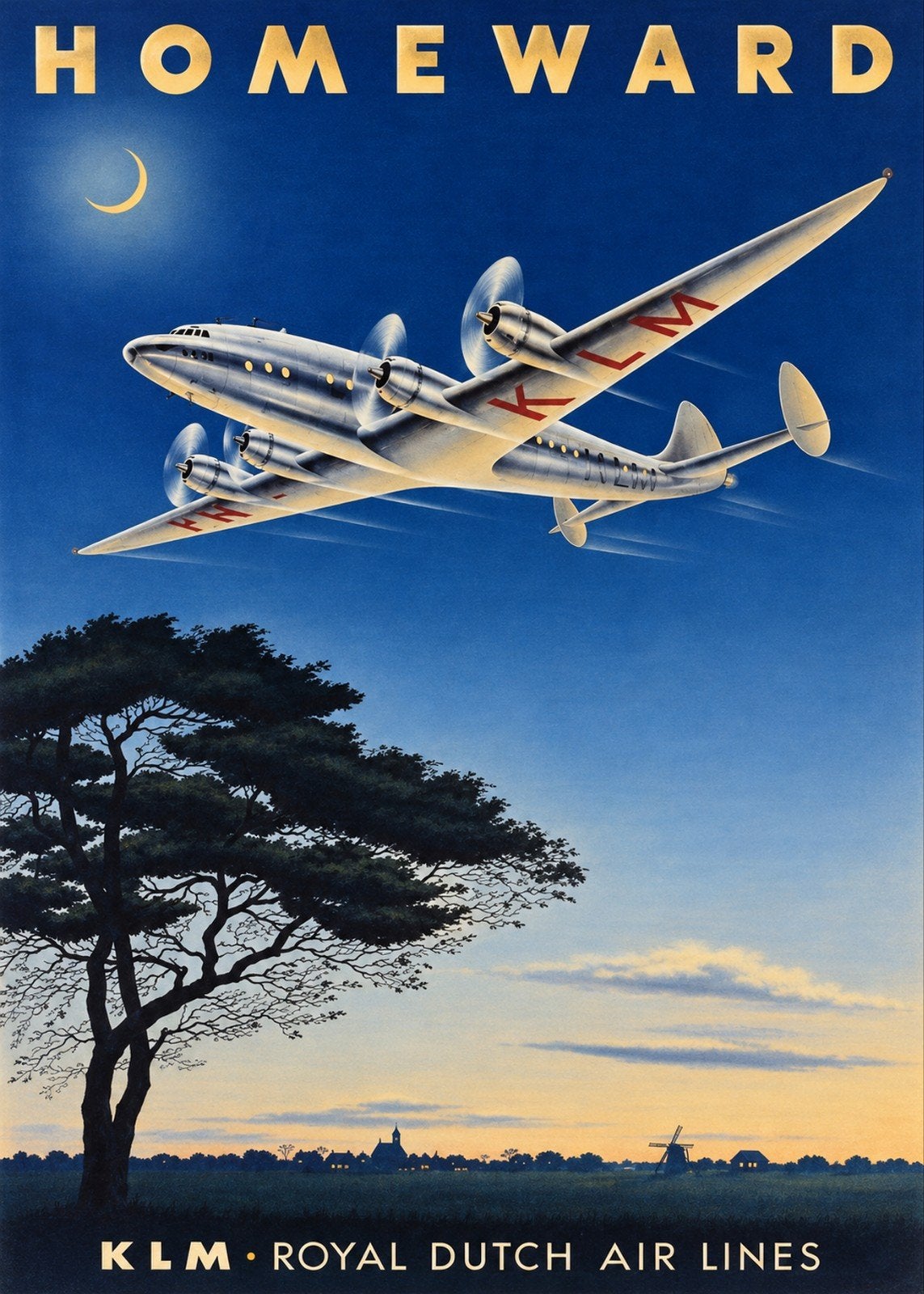 Vintage KLM 'Homeward' Royal Dutch Air Lines Poster, Verzamelen, Ophalen of Verzenden, A1 t/m A3, Overige onderwerpen, Rechthoekig Staand