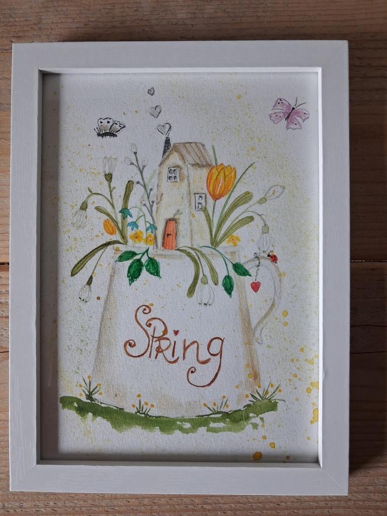 Lente Huisje Aquarel Schilderij - 20x15cm, Ophalen of Verzenden