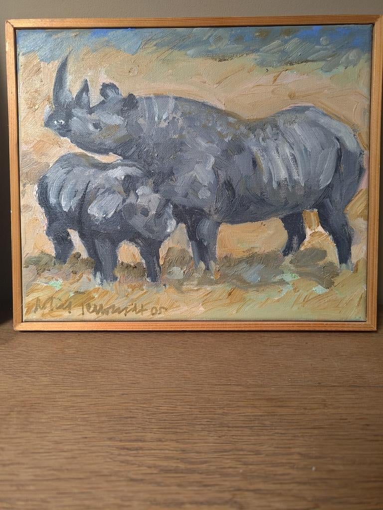 Schilderij Robert Terwindt - Twee Neushoorns (2005), Antiek en Kunst, Ophalen of Verzenden