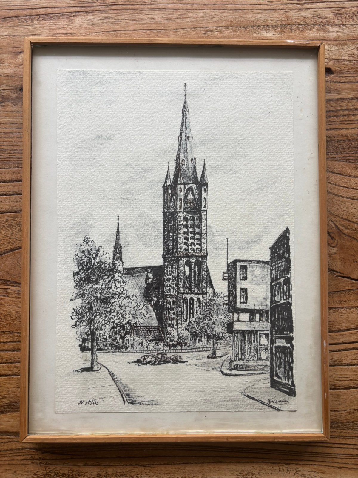 Ingelijste pentekening St. Vituskerk Hilversum door Huisman, Ophalen of Verzenden