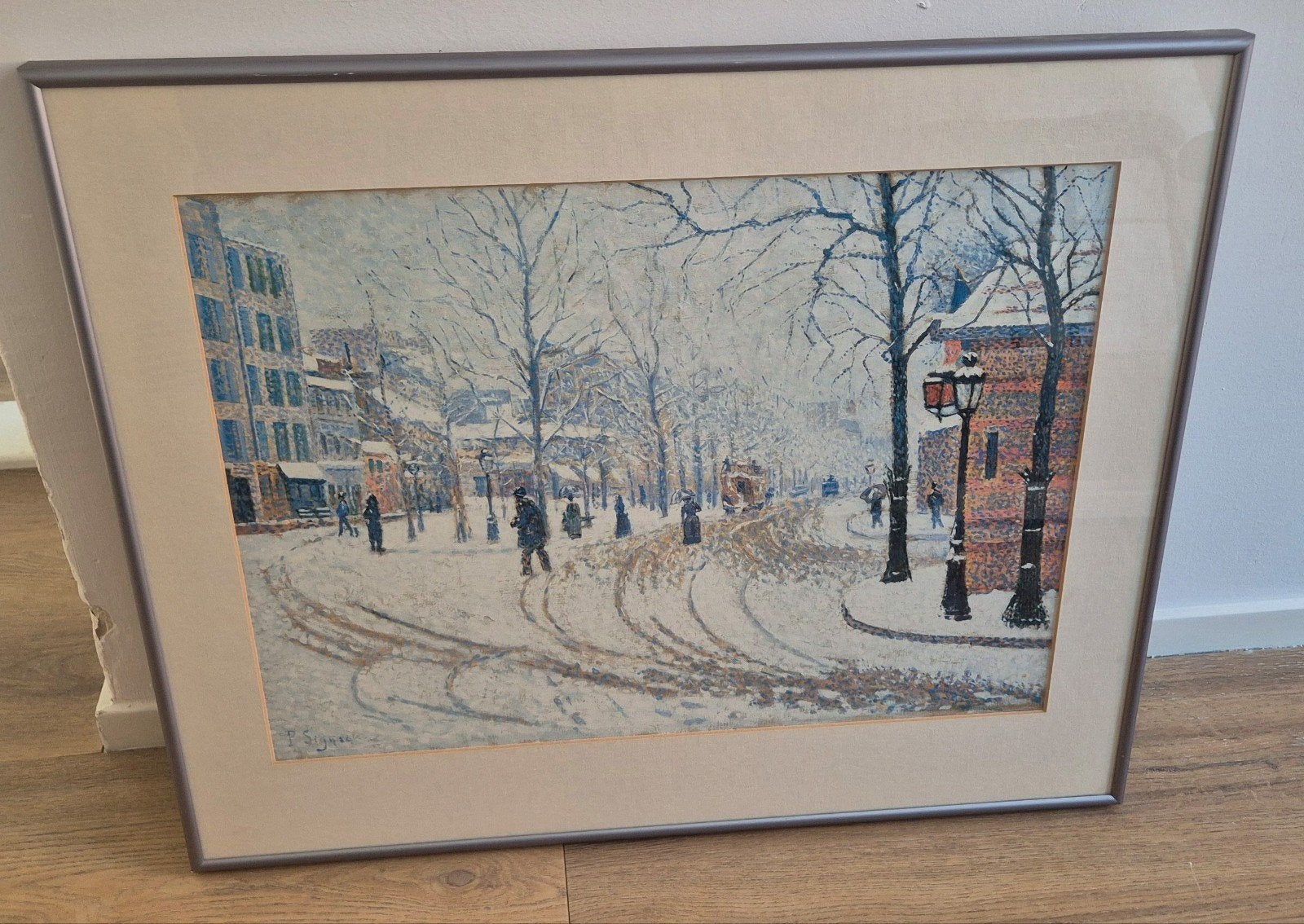 Mooi winter tafareel Paul Signac Paris Boulevard in lijst, Ophalen of Verzenden, Ingelijst, Aquarel
