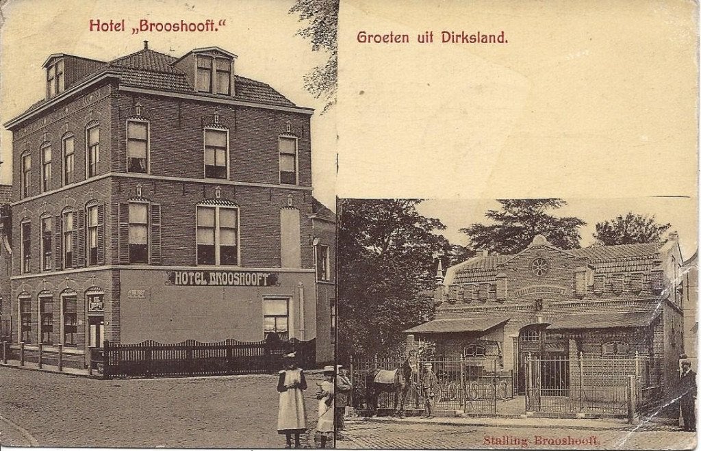 Dirksland, Hotel en Stalling Brooshooft, Volk, gelopen 1910, Verzamelen, Ophalen of Verzenden, Voor 1920, Gelopen, Zuid-Holland