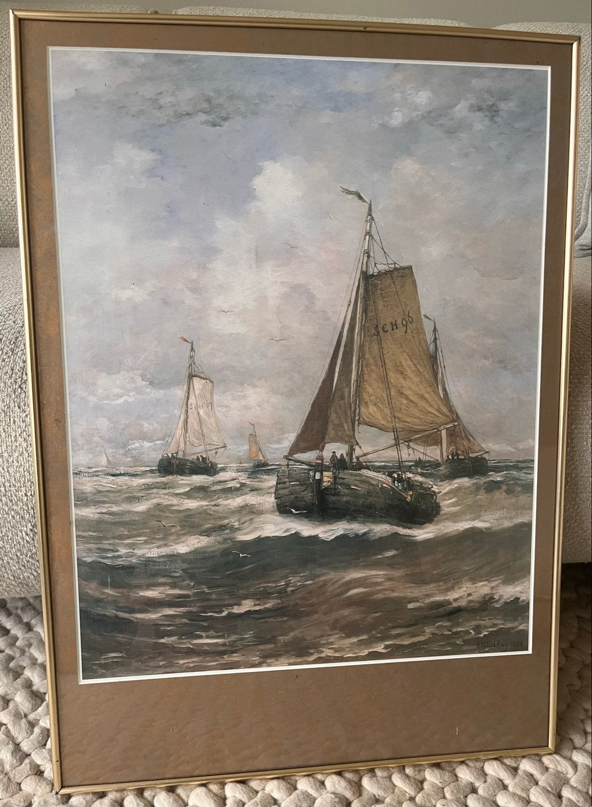 Reproductie zeilschepen goudkleurige lijst 50x70, Ophalen of Verzenden