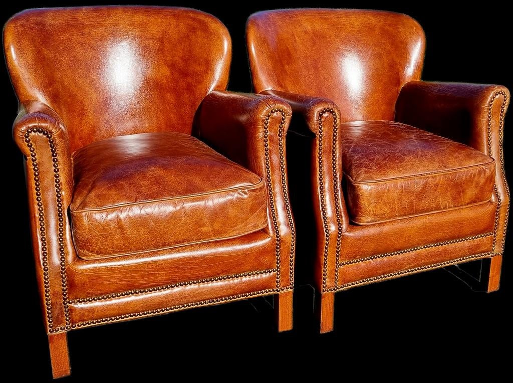 2x compacte Chesterfield fauteuil cognac vintage leer, ., Chesterfield, Nieuw, Ophalen of Verzenden