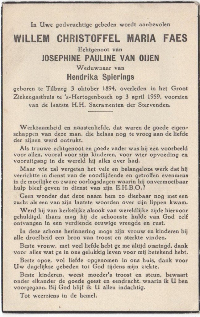 Willem Faes 1894 Tilburg + 1959 Den Bosch, 64 jaar/Spierings, Verzenden