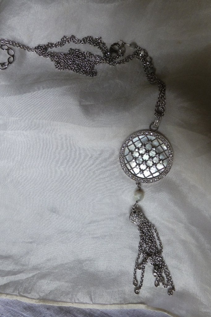 Art Deco style Zilveren Collier Parelmoer Zirkonia 68 cm, Nieuw, Ophalen of Verzenden, Verstelbaar, Zilver