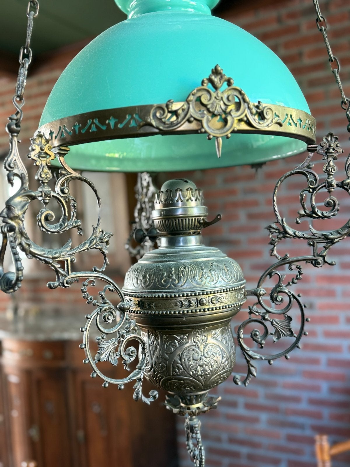 Antieke hanglamp met groen glazen kap, Antiek en Kunst, Ophalen
