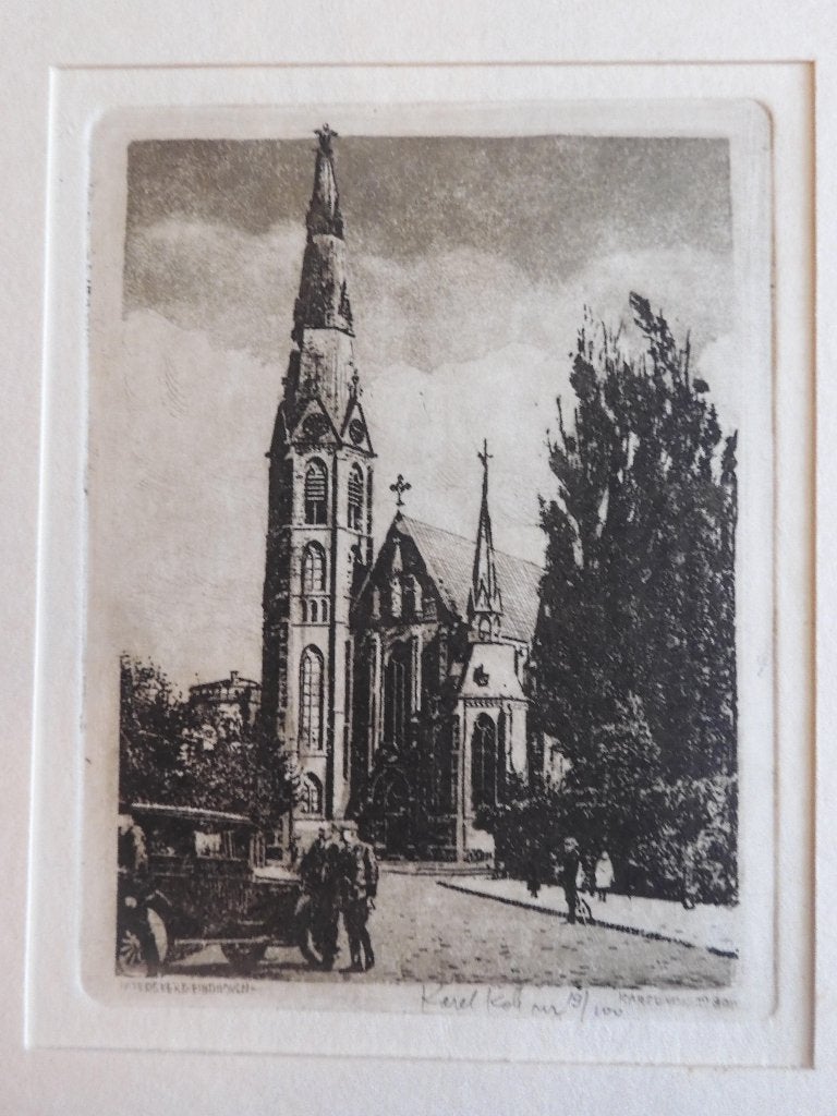 ets Paterskerk Augustijnenkerk Eindhoven door Karel Kok, Met tekst, Stadsgezicht, 27 cm, 22 cm
