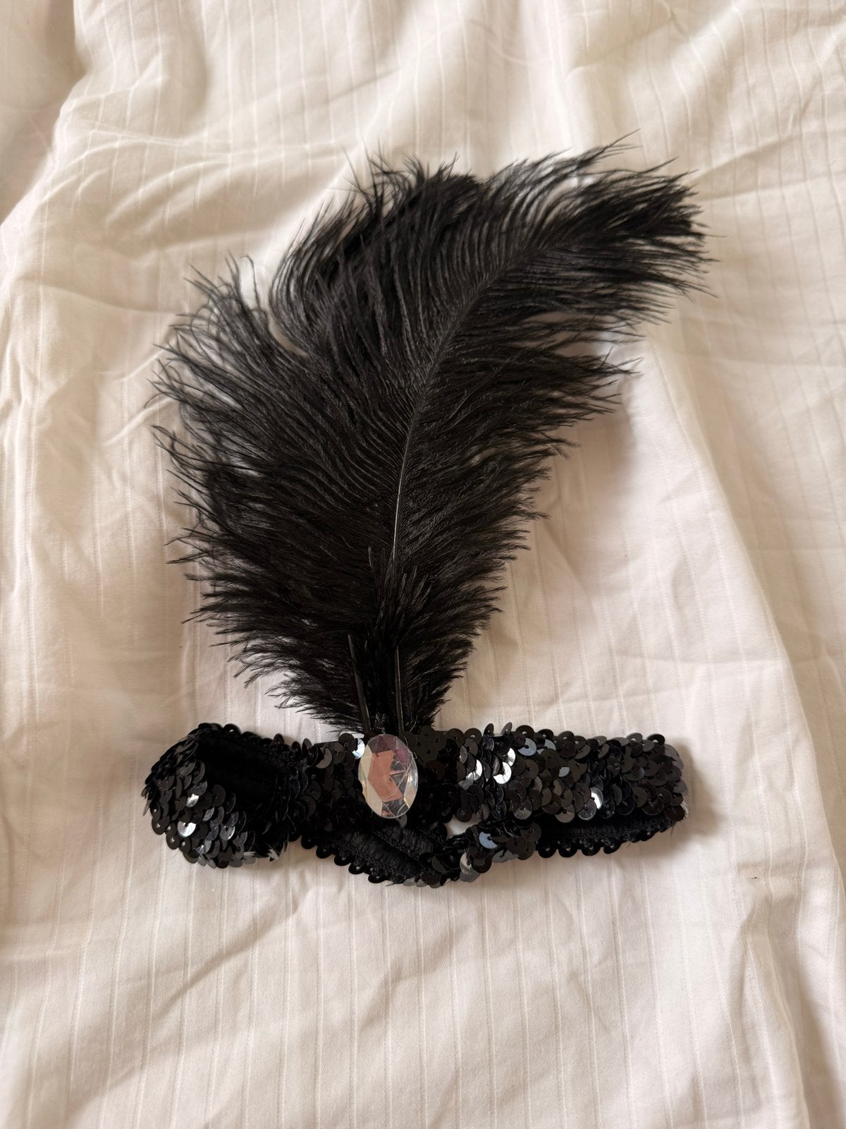 Zwarte Flapper Hoofdband met Veer en Pailletten, Ophalen of Verzenden, Gedragen, One size fits all, Hoed