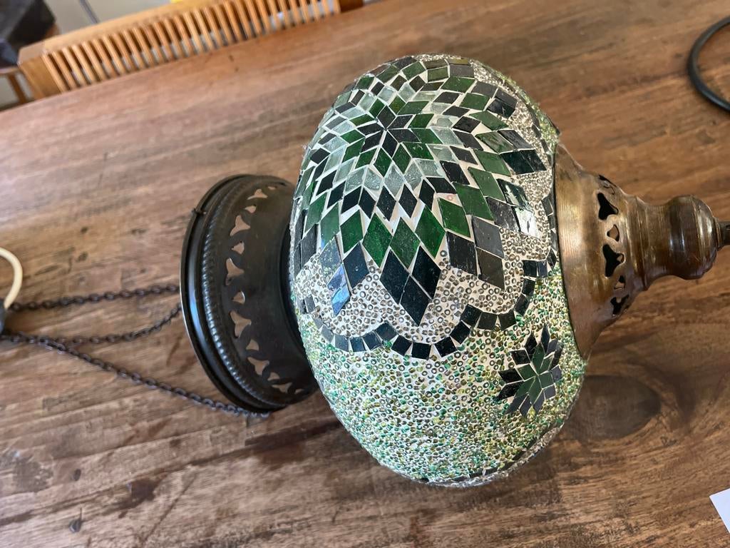 Prachtige Groene Mozaïek Hanglamp - Glas met Steentjes, Ophalen of Verzenden, Gebruikt, Glas, Minder dan 50 cm