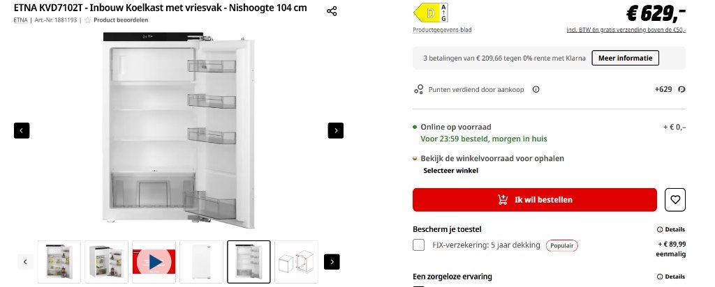 Inbouw koelkast, nog geen 1.5 jaar oud, 100 tot 150 liter, Zo goed als nieuw, 45 tot 60 cm, Met vriesvak