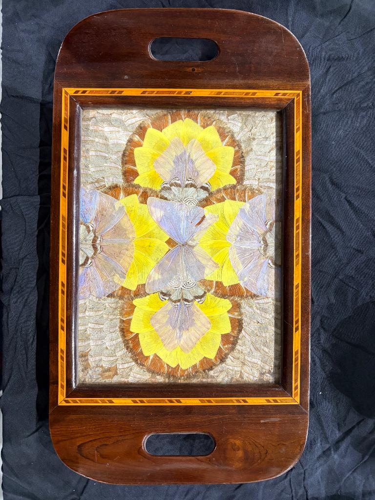 Dienblad antiek vlinders, Ophalen of Verzenden, Gebruikt, Rechthoekig, Hout