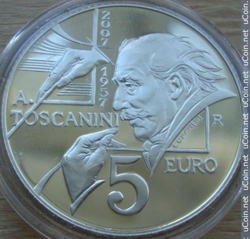 5 euro San Marino 2007 - Arturo Toscanini (PROOF), Setje, Ophalen of Verzenden, 5 euro, Zilver