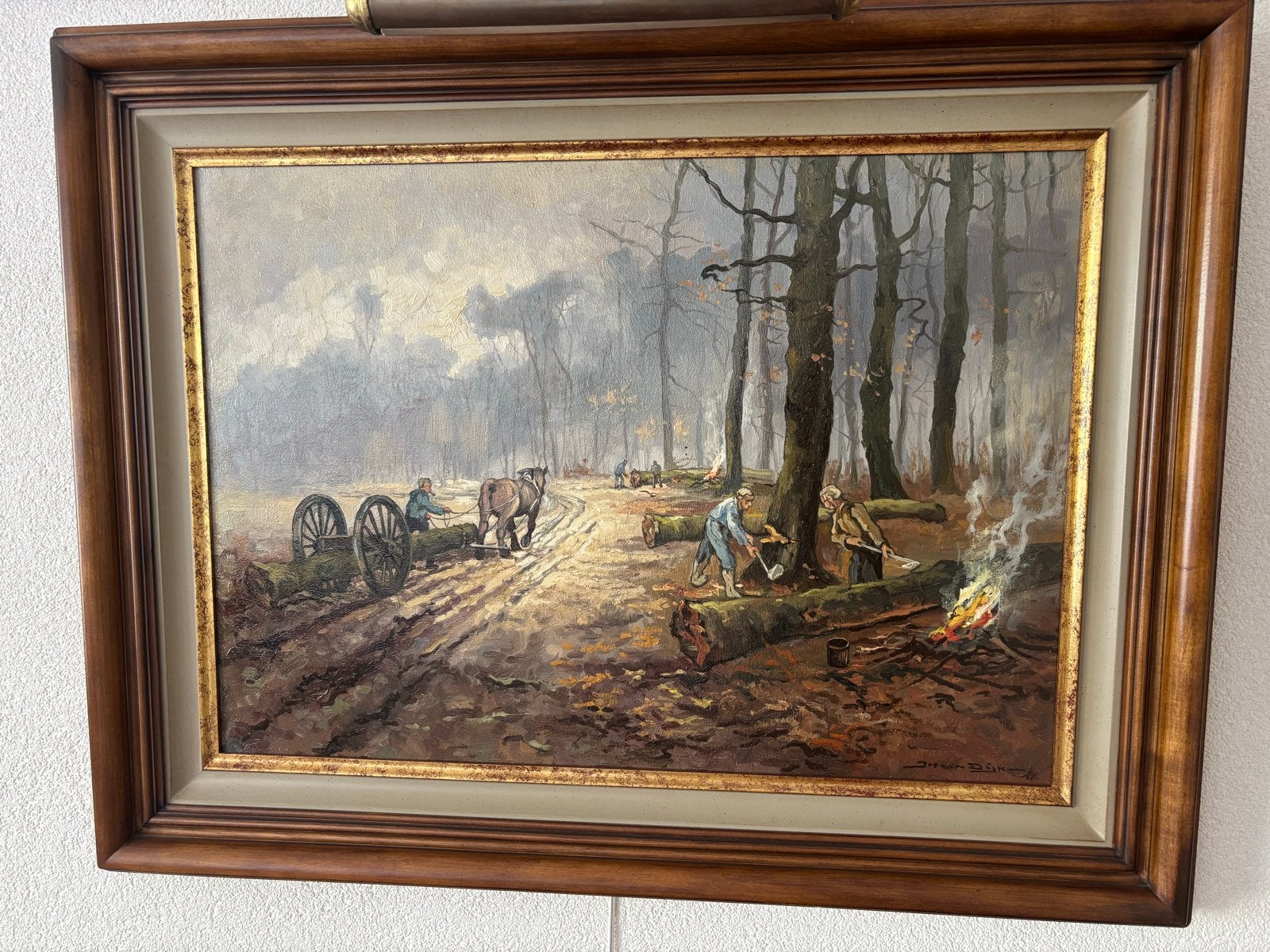 Olieverfschilderij: Houthakkers in het bos, Antiek en Kunst, Ophalen, Doek, Realistisch, Landschap