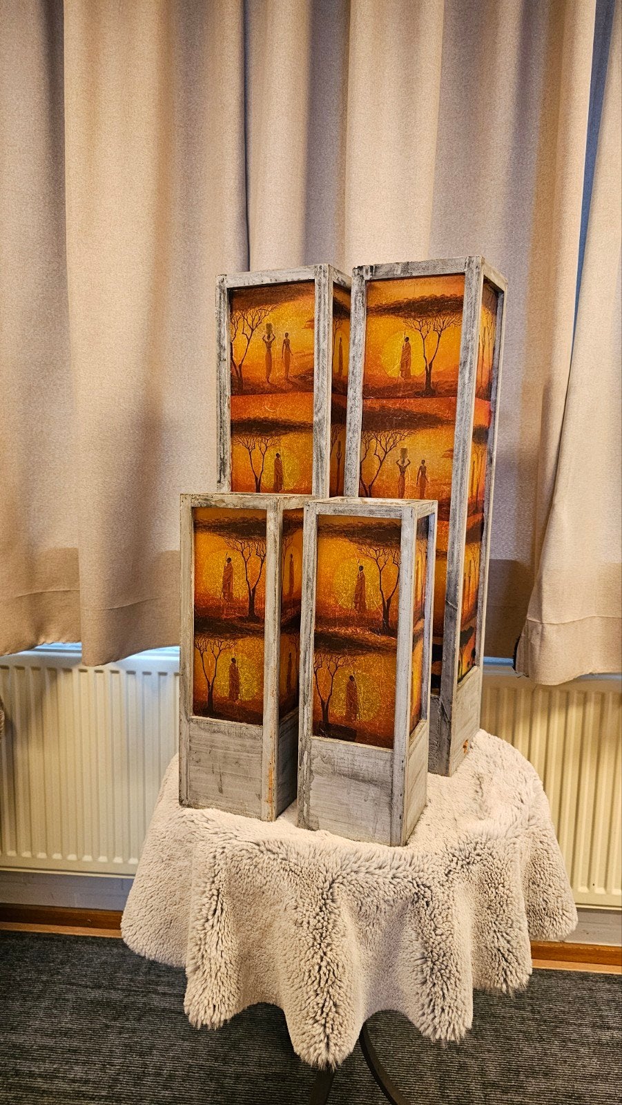 Mooie set van 4 windlichten met Afrikaans thema, Hout, Gebruikt, Meerkleurig, Overige stijlen
