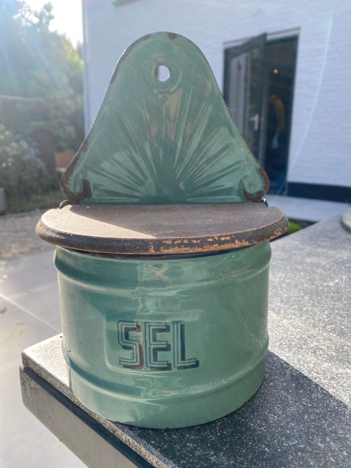 Vintage geëmailleerde keukenset - zoutpot, gieter, vergiet, Ophalen