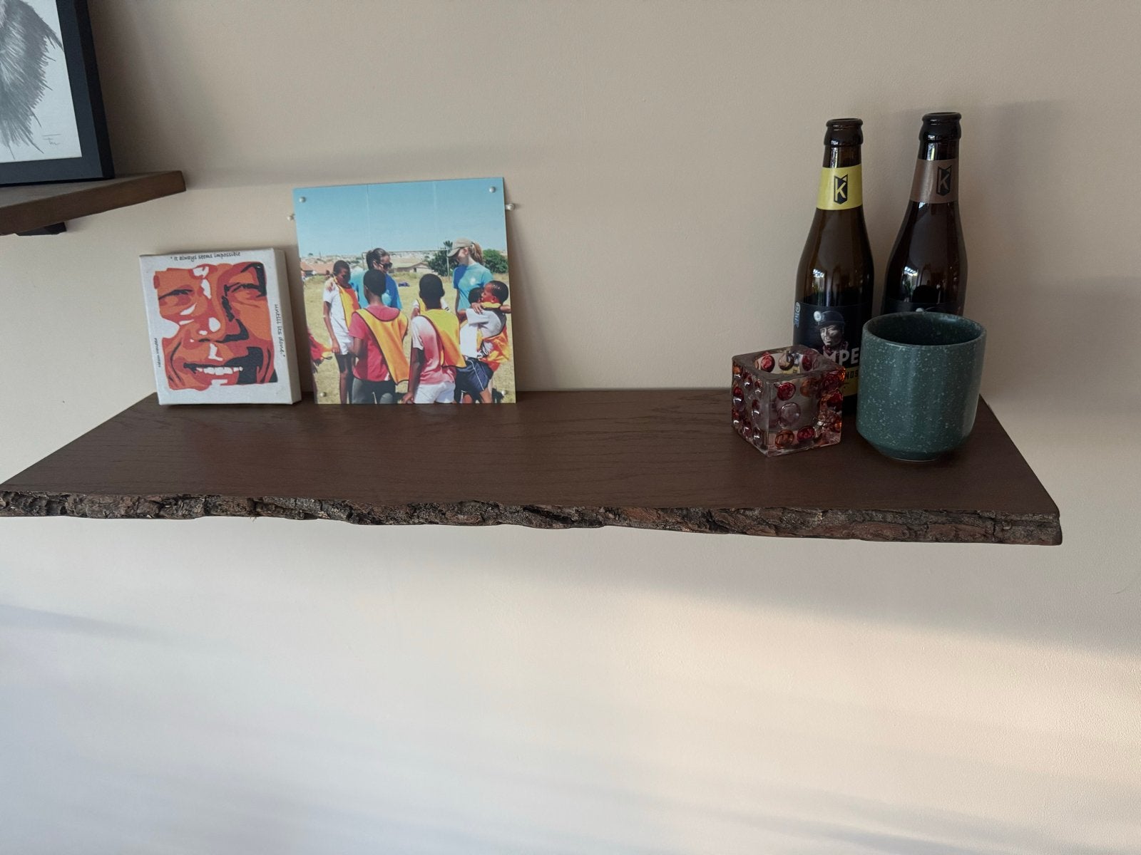 3 boomstam plankjes met wandbeugel, Huis en Inrichting, Woonaccessoires | Wandplanken en Boekenplanken, Gebruikt, Ophalen