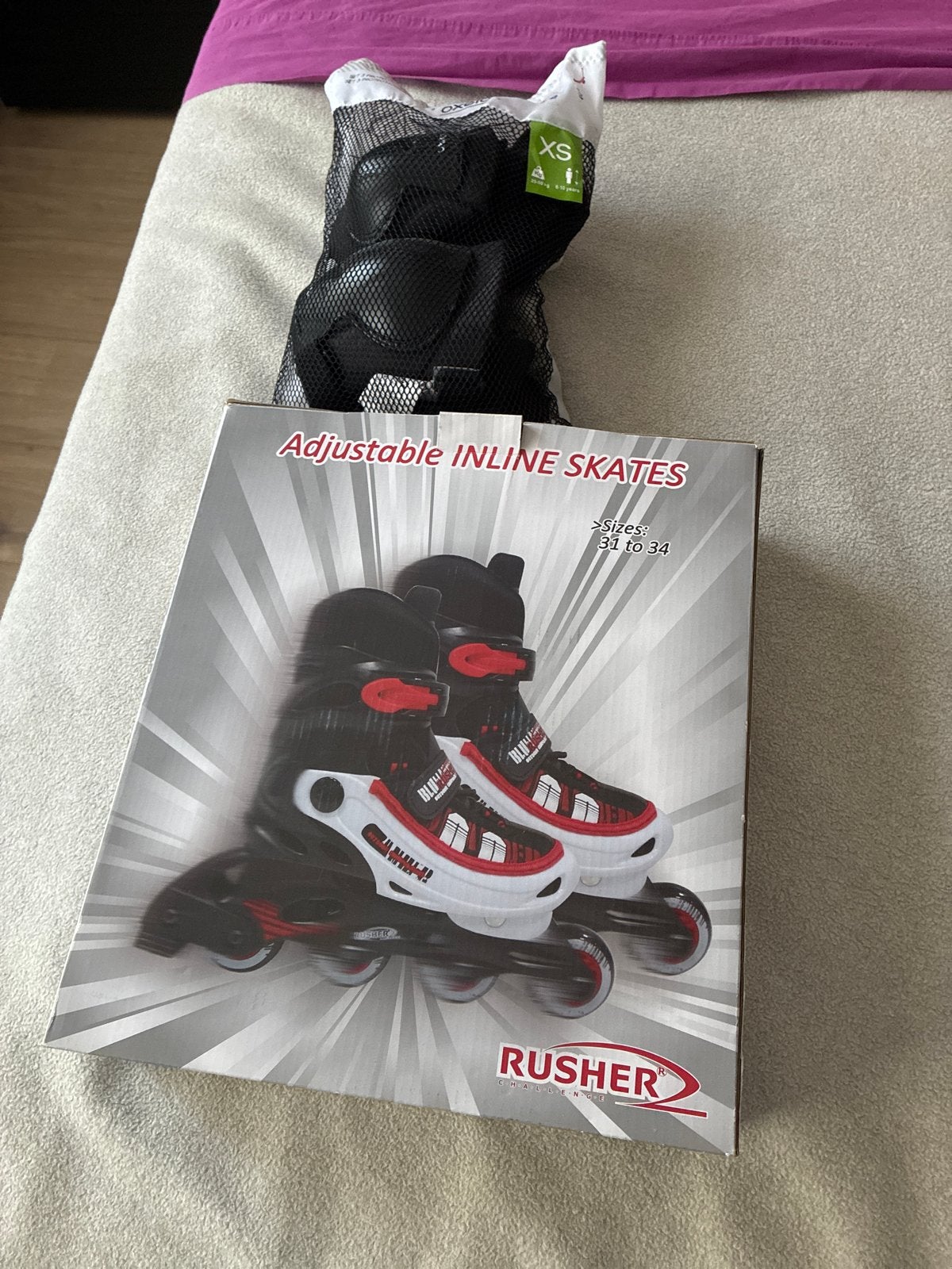 Verstelbare inline skates Rusher (maat 31-34) + beschermers, Overige merken, Verstelbaar, Kinderen, Nieuw