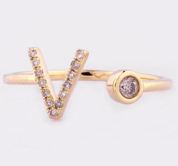 14K gouden V-ring – 14 natuurlijke diamanten 0,11ct, Nieuw, Ophalen of Verzenden, 17 tot 18, Met edelsteen