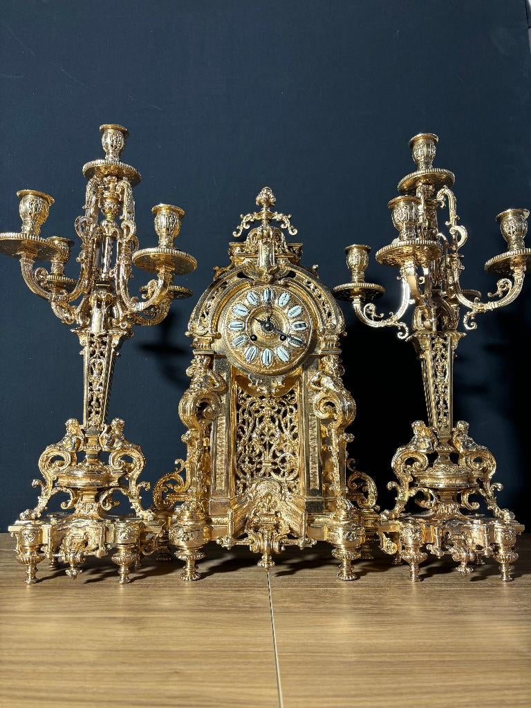 (74) Antieke Franse Bronzen Regency Pendule + Kandelaren, Antiek en Kunst, Verzenden