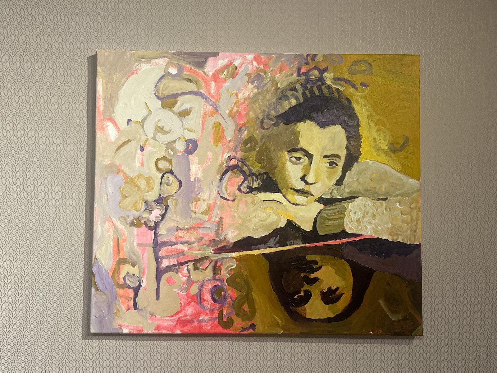 Modern portret schilderij met abstracte elementen. 60x70cm, Antiek en Kunst, Ophalen, Acrylverf, Handgeschilderd, Overige materialen