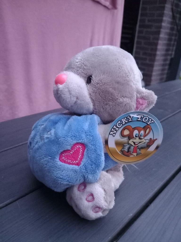 Nicky Toy Knuffel Katje Grijs met Blauw Dekentje, Overige merken, Overige karakters, Grijs, Nieuw