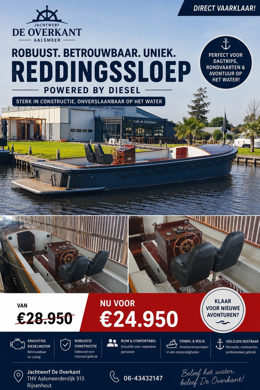 Luxe Reddingsloep met Kajuit en Zwemplateau, Ophalen, 10 m, Boegschroef, Binnenboordmotor