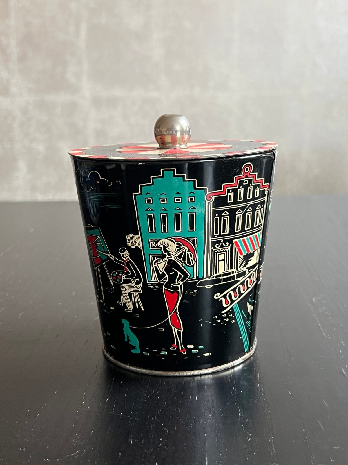 Vintage Blikken Trommel Jaren '50 - Retro Terrasmotief, Ophalen of Verzenden