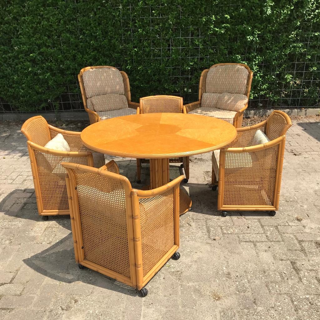 Unieke set Giorgetti Faux bamboo fauteuil stoelen tafel, Bruin, Ophalen of Verzenden, Nvt, Nvt