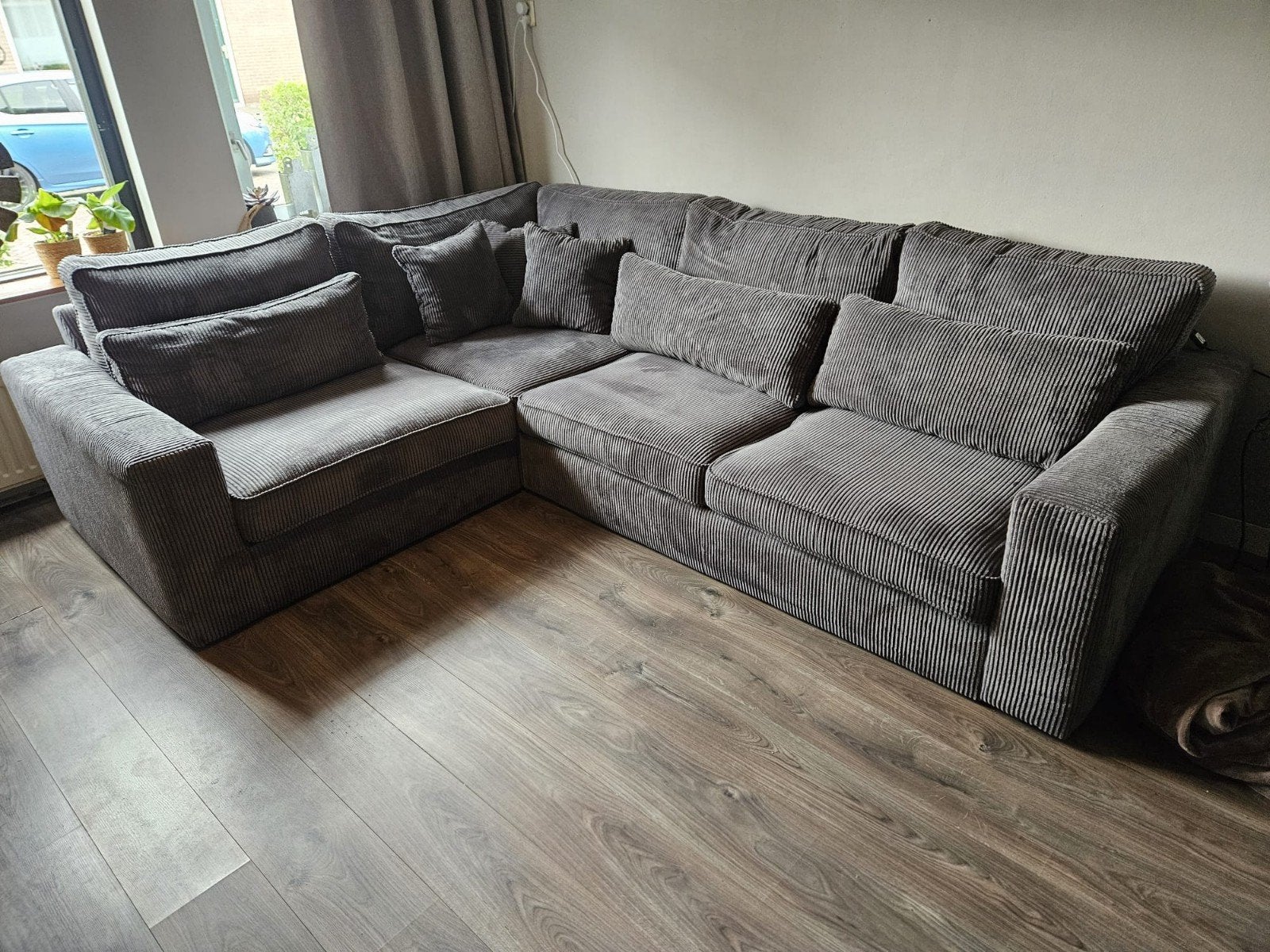Comfortabele grijze ribstof hoekbank, Modern, Industrieel, 100 tot 125 cm, Hoekbank, 300 cm of meer