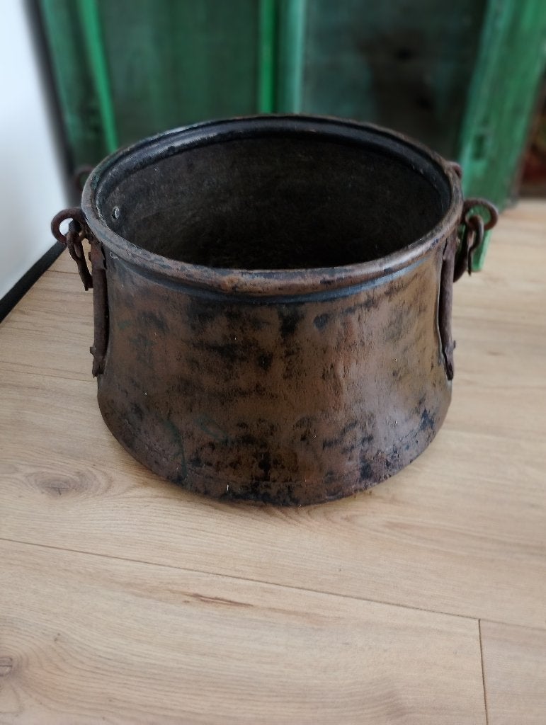 Antieke koperen grote ketel haardhout bak, Ophalen of Verzenden