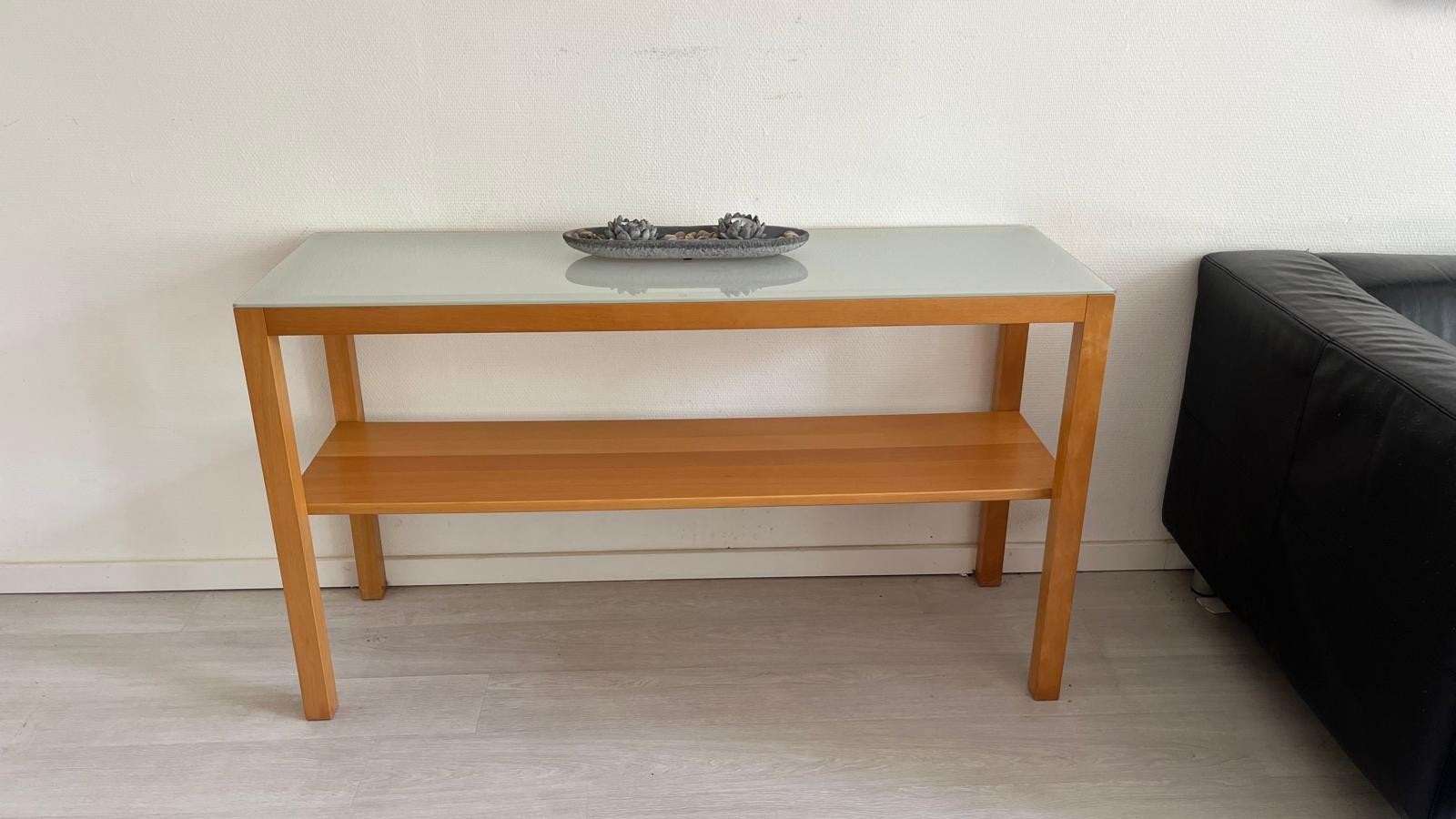 Prachtige houten sidetable met melkglas plaat, Ophalen, Gebruikt, 100 tot 150 cm, Overige houtsoorten