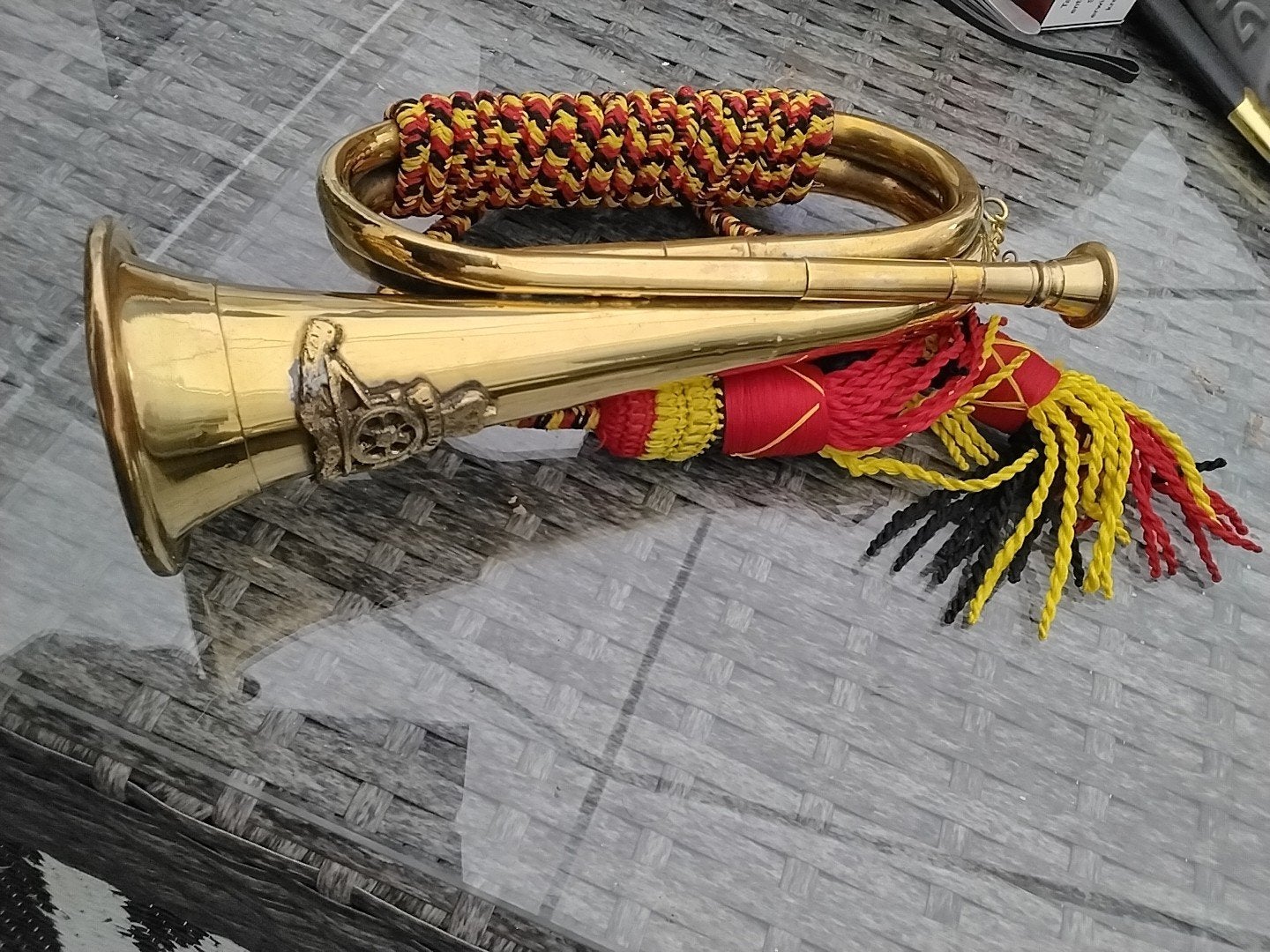 Vintage Koperen Klaroen met Belgische Kwast, Antiek en Kunst, Curiosa en Brocante, Ophalen of Verzenden