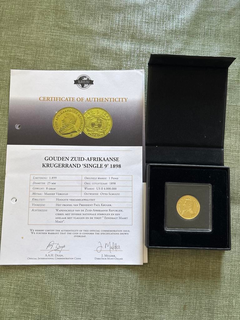 Gouden Zuid-Afrikaanse Krugerrand 'Single 9' 1898, Ophalen of Verzenden, Zuid-Afrika, Losse munt