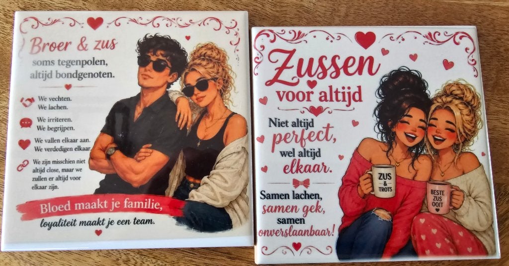 Broer en zus tegeltjes, Nieuw, Ophalen of Verzenden, 10 cm, Handgemaakt