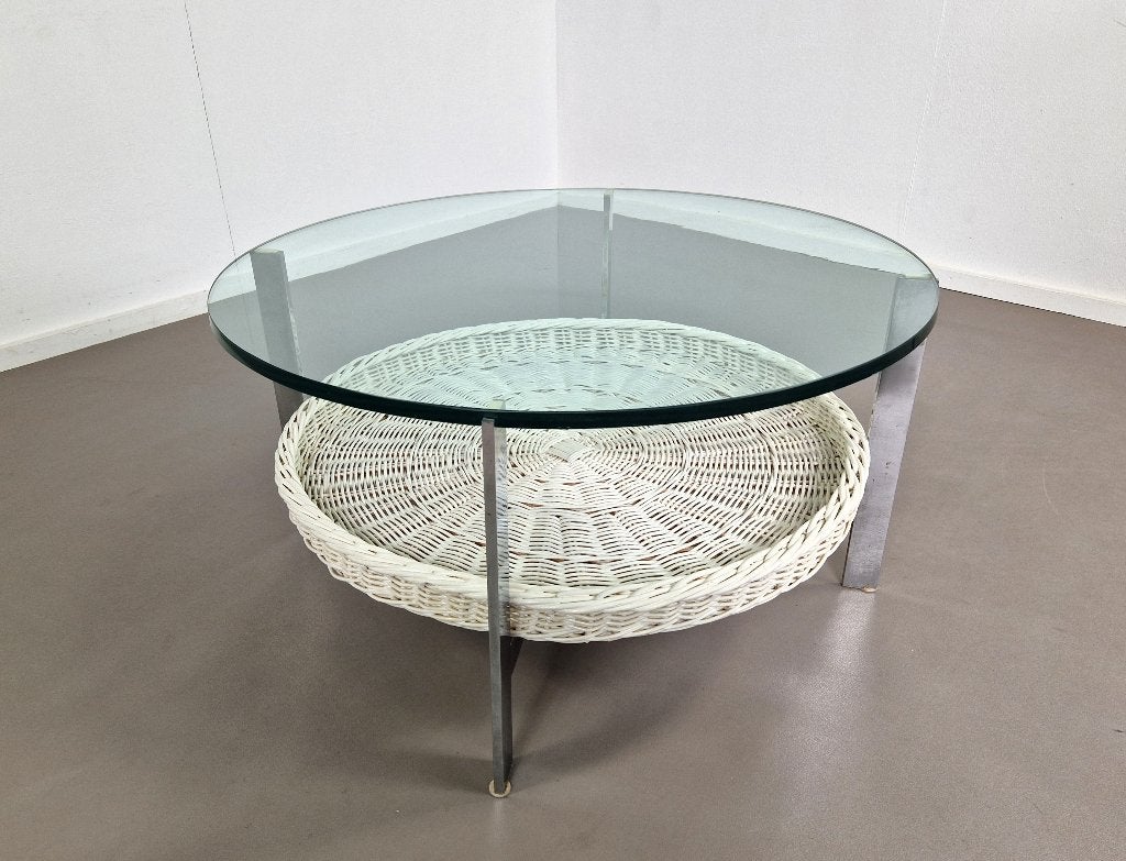 Vintage salontafel | Rotan mand | Glazen blad, Ophalen, Gebruikt, -, -