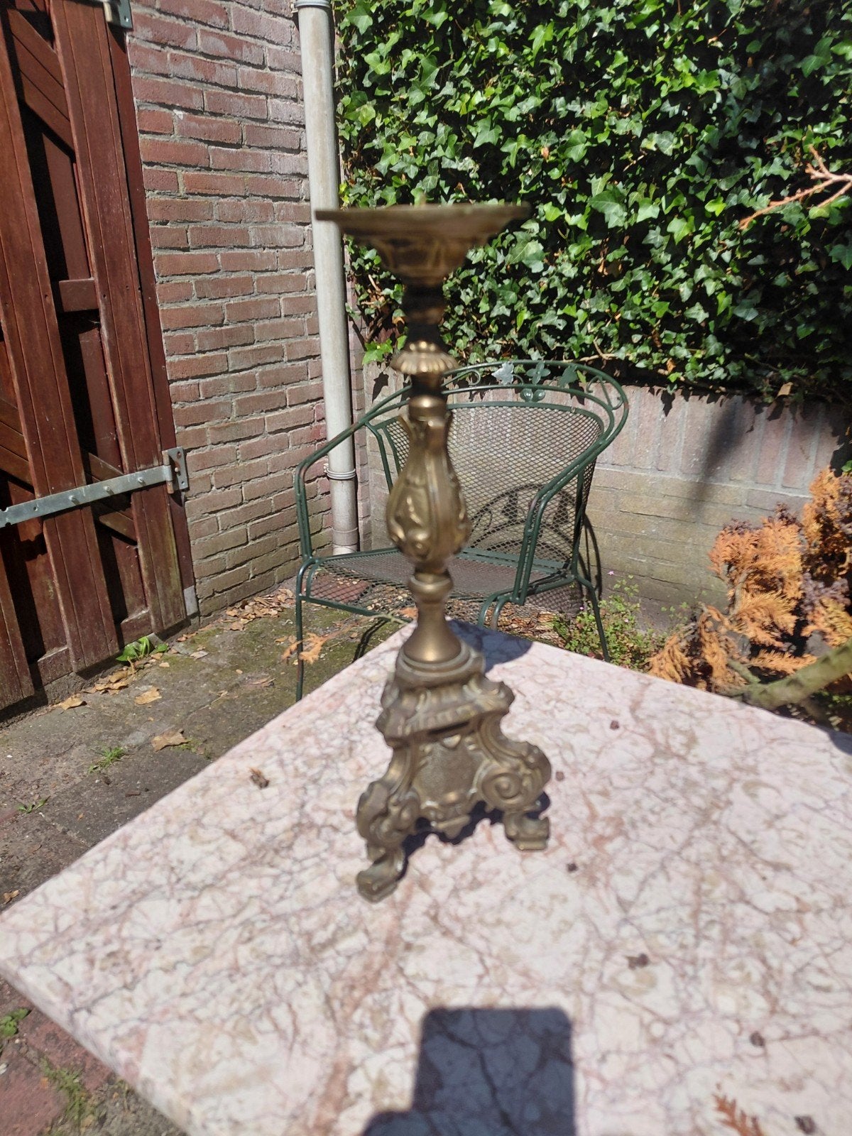 Antieke geel Koperen franse kerk Kandelaar - Robuust, Antiek en Kunst, Antiek | Kandelaars, Ophalen of Verzenden, Koper of Brons