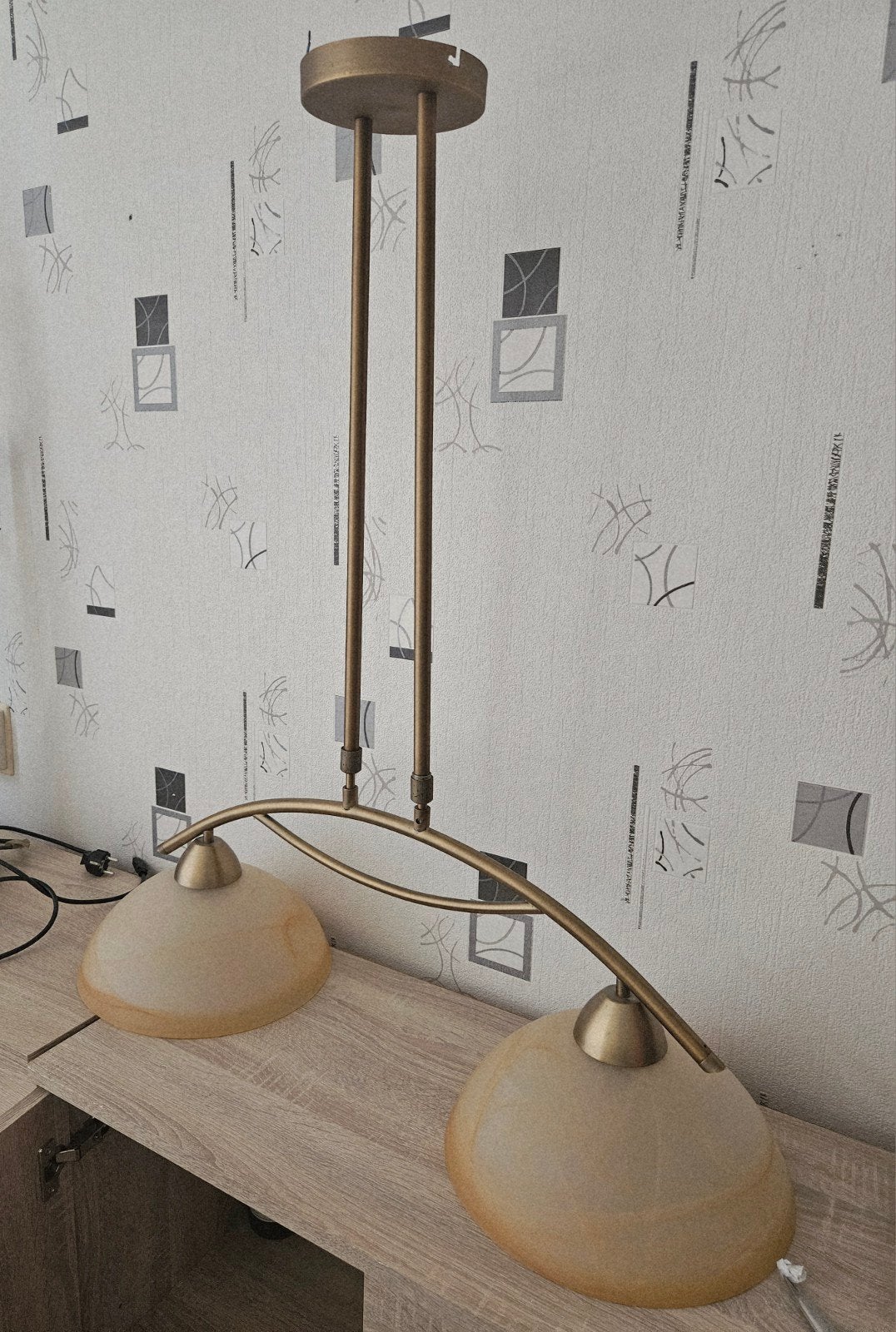 Hanglamp met twee glazen kappen - Bronskleurig, Ophalen, Gebruikt, E27 (groot), Glas