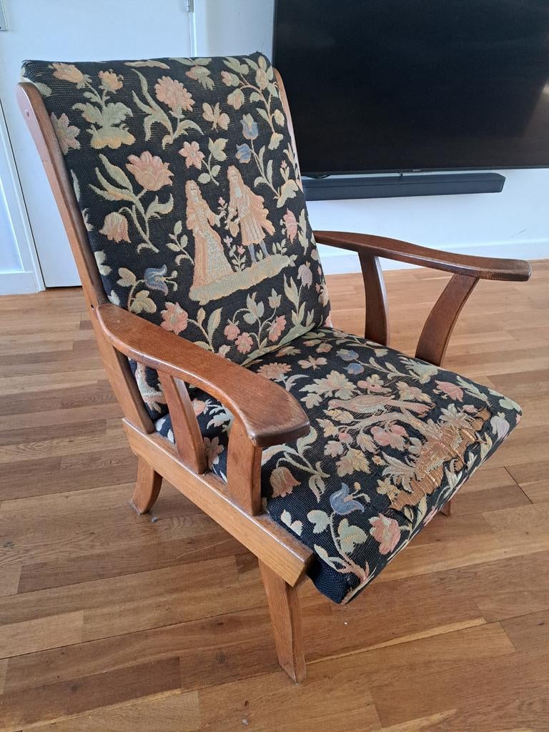 Vintage rokersstoel kachelstoel, geborduurde bekleding, Ophalen, Overige materialen, Gebruikt, Minder dan 75 cm